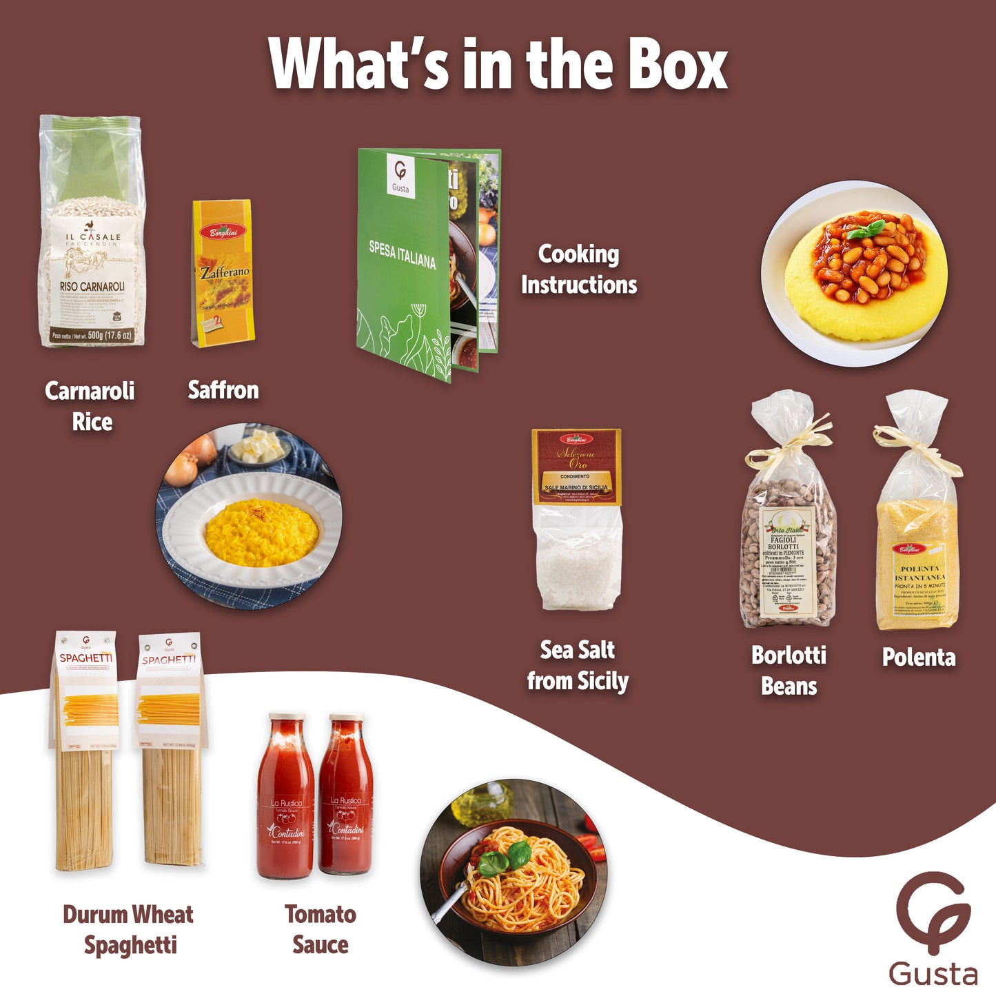 Gusta Italian Meal Kit Variety Pack - Includes Risotto alla Milanese, Polenta & Beans, Tomato Spaghetti