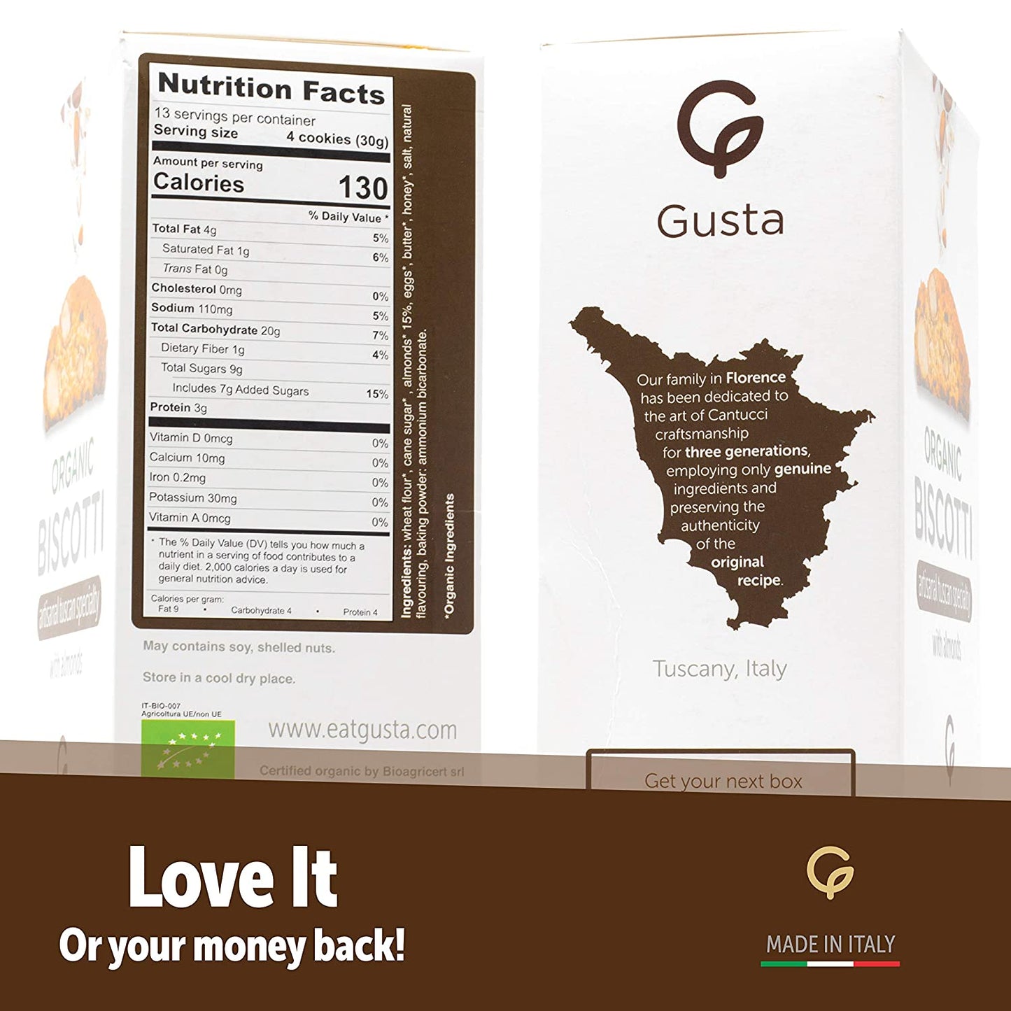 Gusta Authentic Biscotti Cookies Made in Tuscany, Italy - USDA Organic Almond