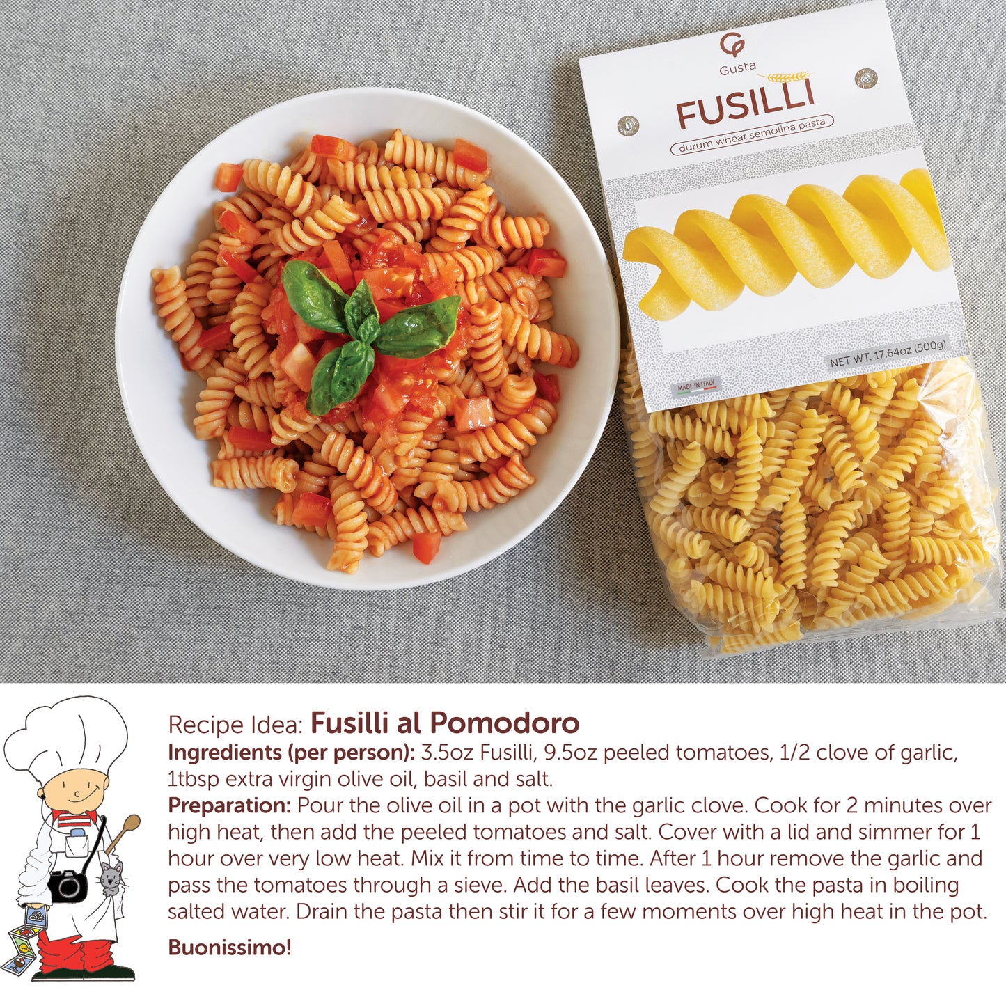 Gusta Fusilli Pasta - USDA Organic - Non-GMO Durum Wheat Semolina