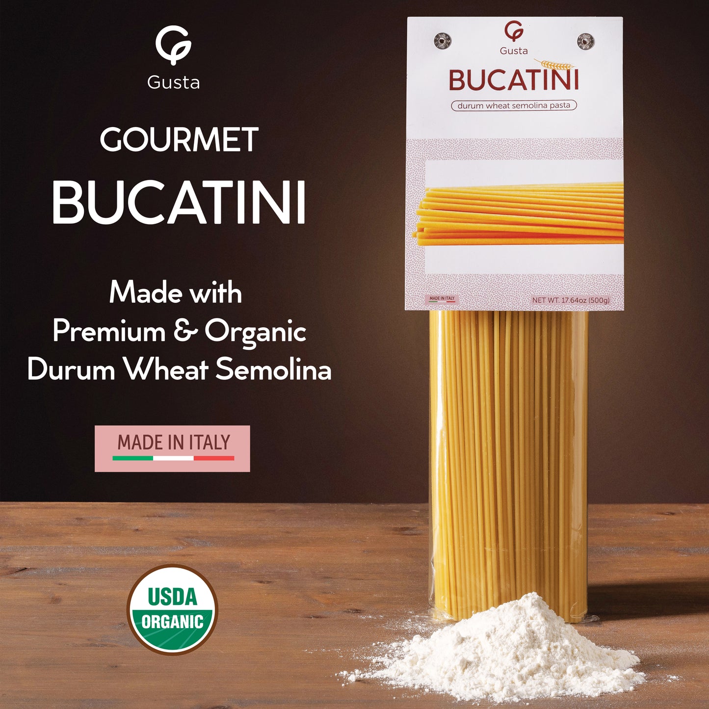 Gusta Bucatini Pasta - USDA Organic - Non-GMO Durum Wheat Semolina