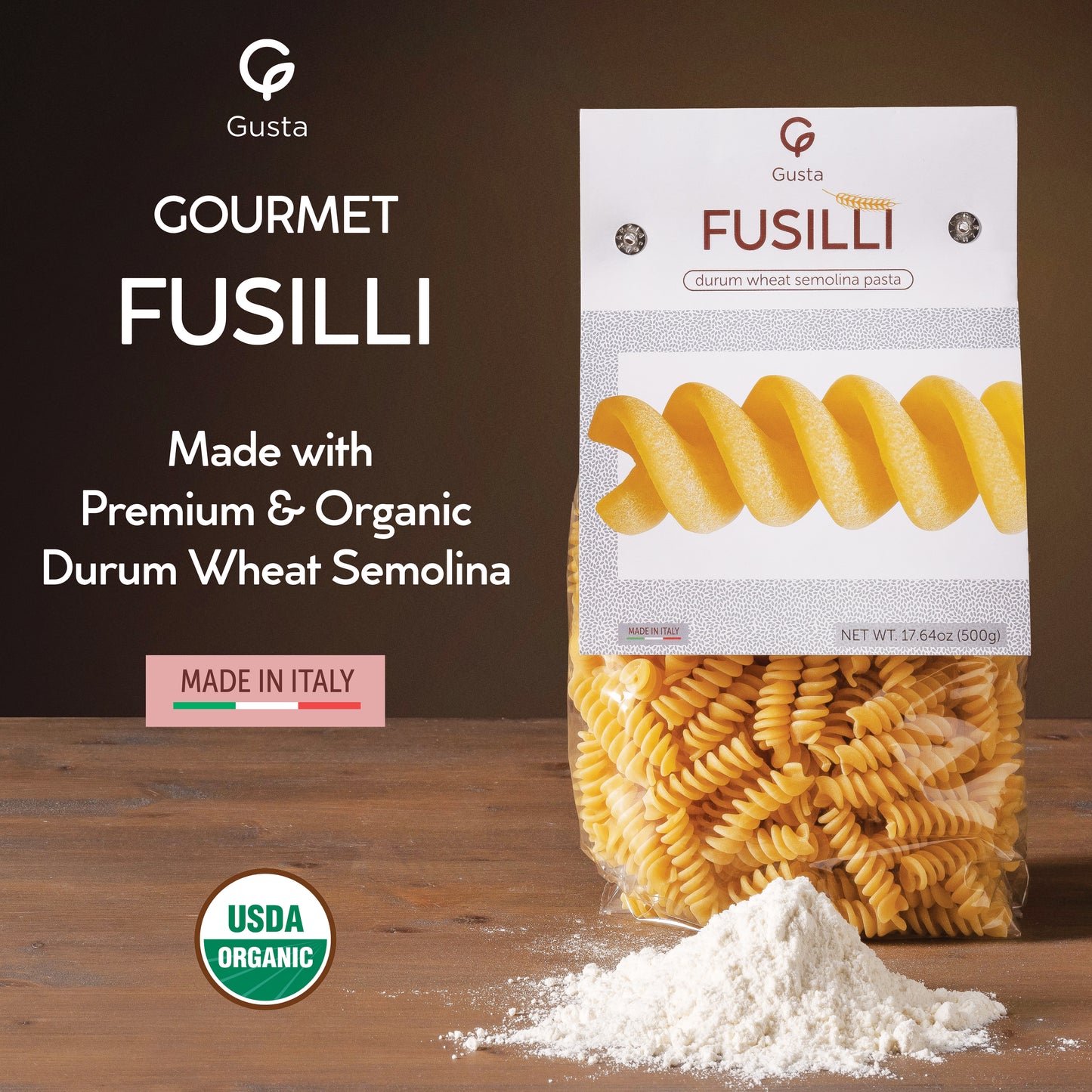 Gusta Fusilli Pasta - USDA Organic - Non-GMO Durum Wheat Semolina