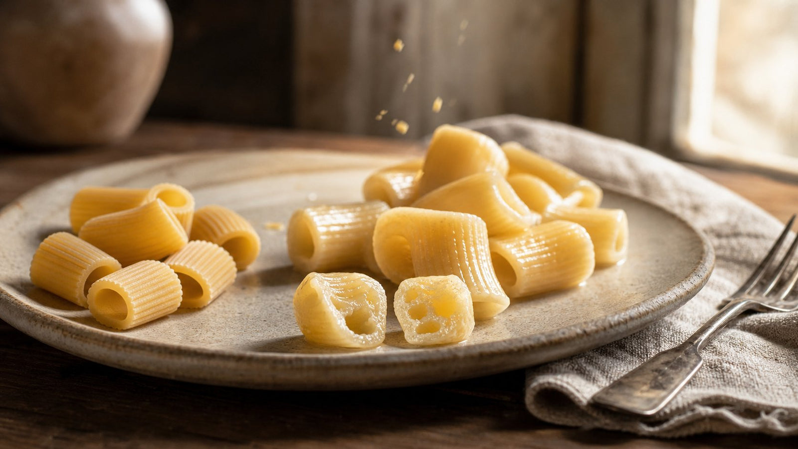 Editorial food photograph of 1 cup pasta dry to cooked, natural light, no text