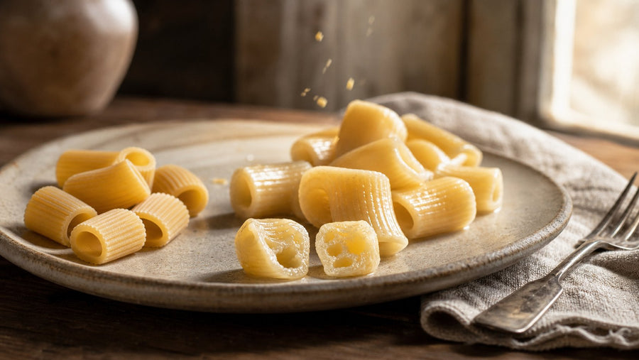 Editorial food photograph of 1 cup pasta dry to cooked, natural light, no text