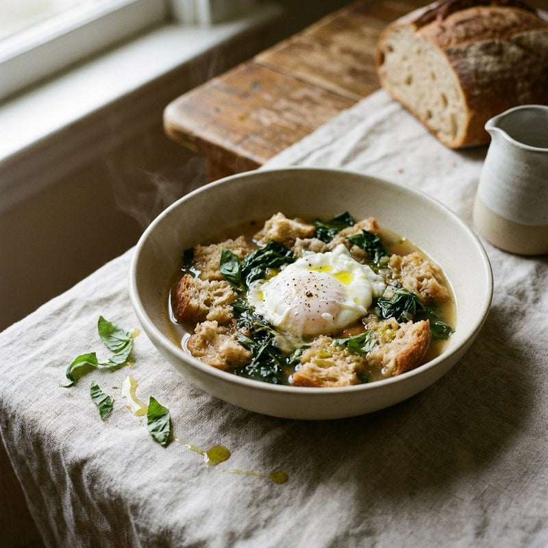 Acquacotta served with greens, bread, and a poached egg in the broth