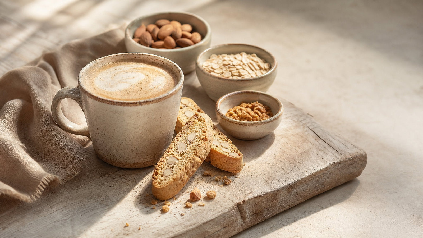 Editorial food photograph of almond biscotti oat latte, natural light, no text