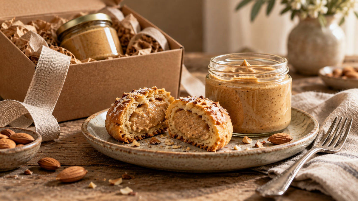 Editorial food photograph of almond butter gift set, natural light, no text