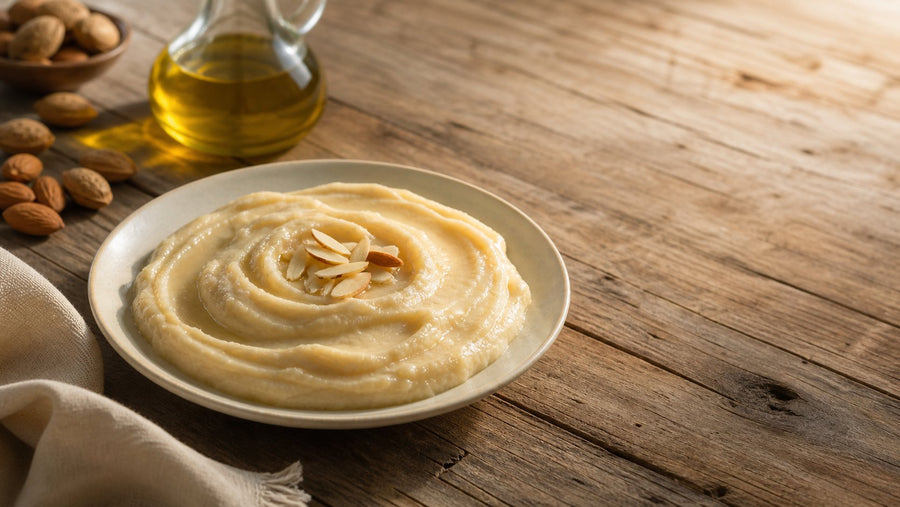 Editorial food photograph of almond cream italy, natural light, no text