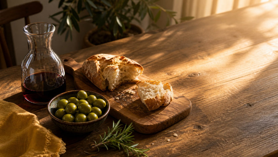 Editorial food photograph of aperitivo at home, natural light, no text