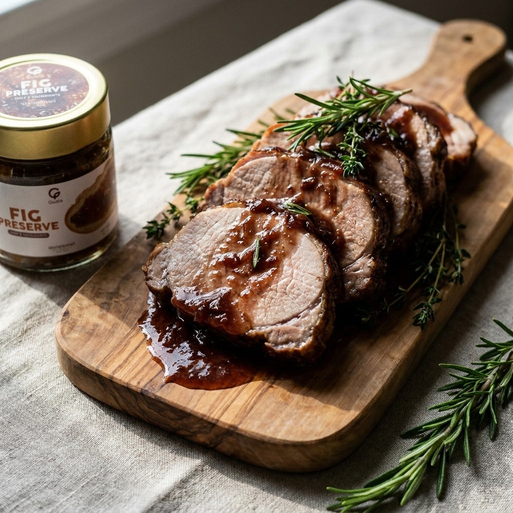 Arrosto di Maiale con Vino Rosso e Erbe plated, with Gusta Fig Preserve alongside