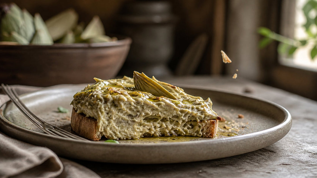 Editorial food photograph of artichoke spread italy, natural light, no text