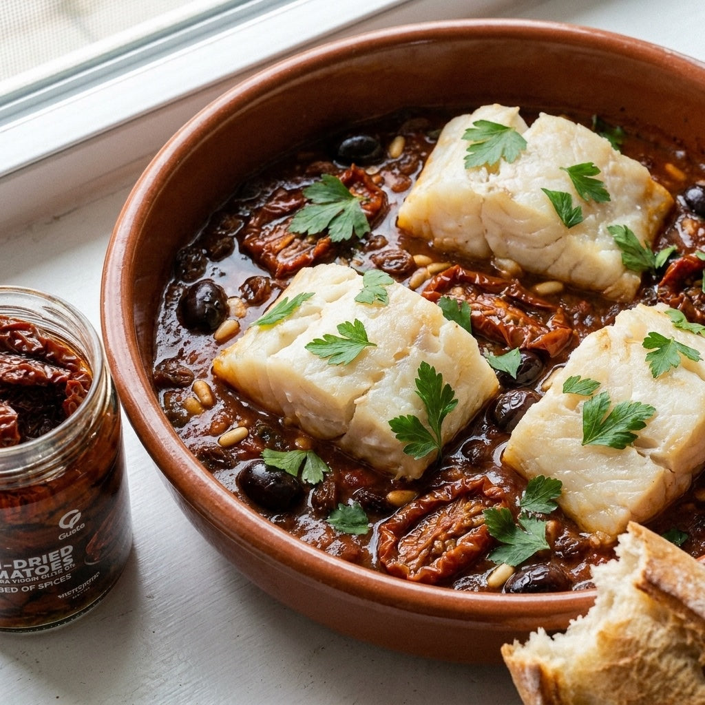 Baccalà alla Napoletana plated, with the Gusta Sun-Dried Tomatoes in Olive Oil alongside