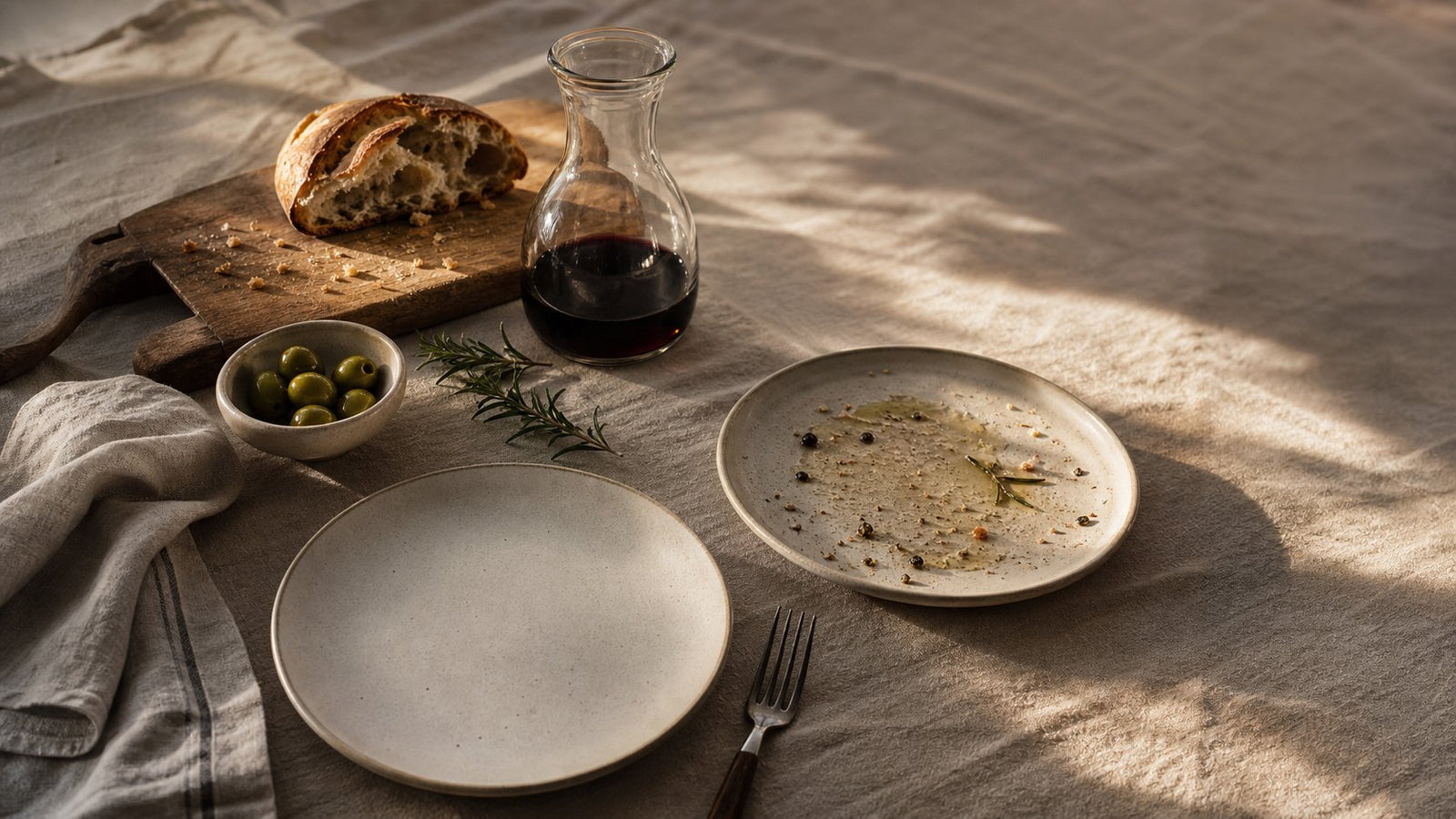Editorial food photograph of before and after dinner, natural light, no text
