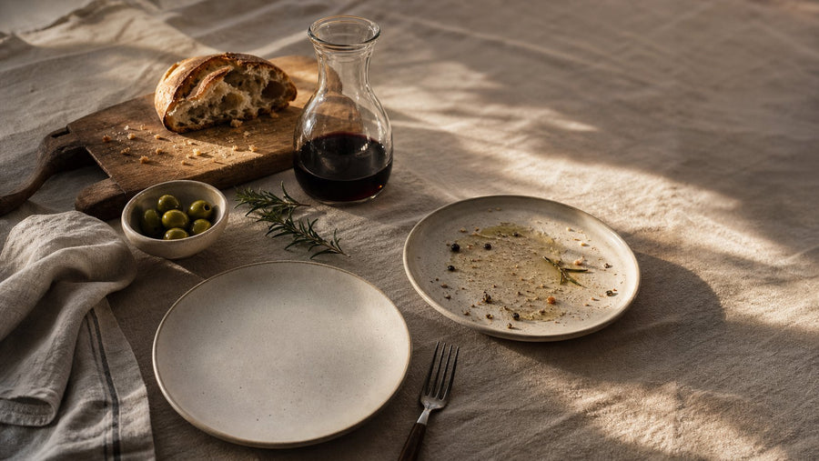 Editorial food photograph of before and after dinner, natural light, no text
