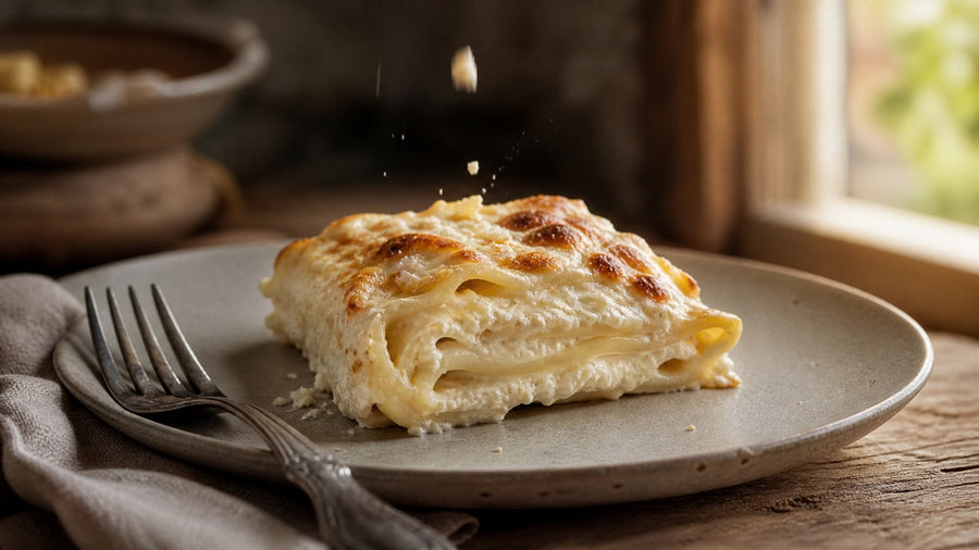 Editorial food photograph of bianco pasta, natural light, no text