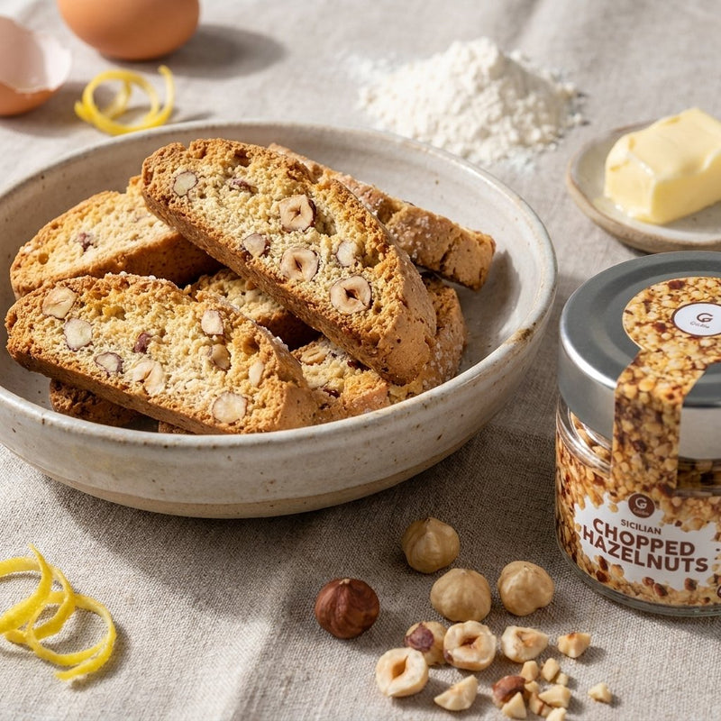 Biscotti alle Nocciole with Gusta chopped hazelnuts alongside