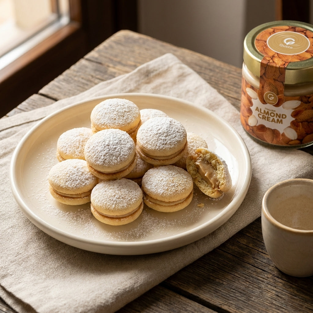 Biscotti Ripieni con Crema di Mandorle on a plate, with the Gusta almond cream jar alongside
