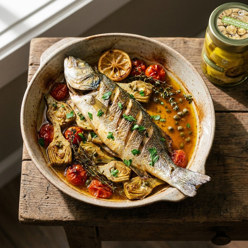 Branzino al Forno con Carciofi plated, with the Gusta Artichokes in Olive Oil alongside