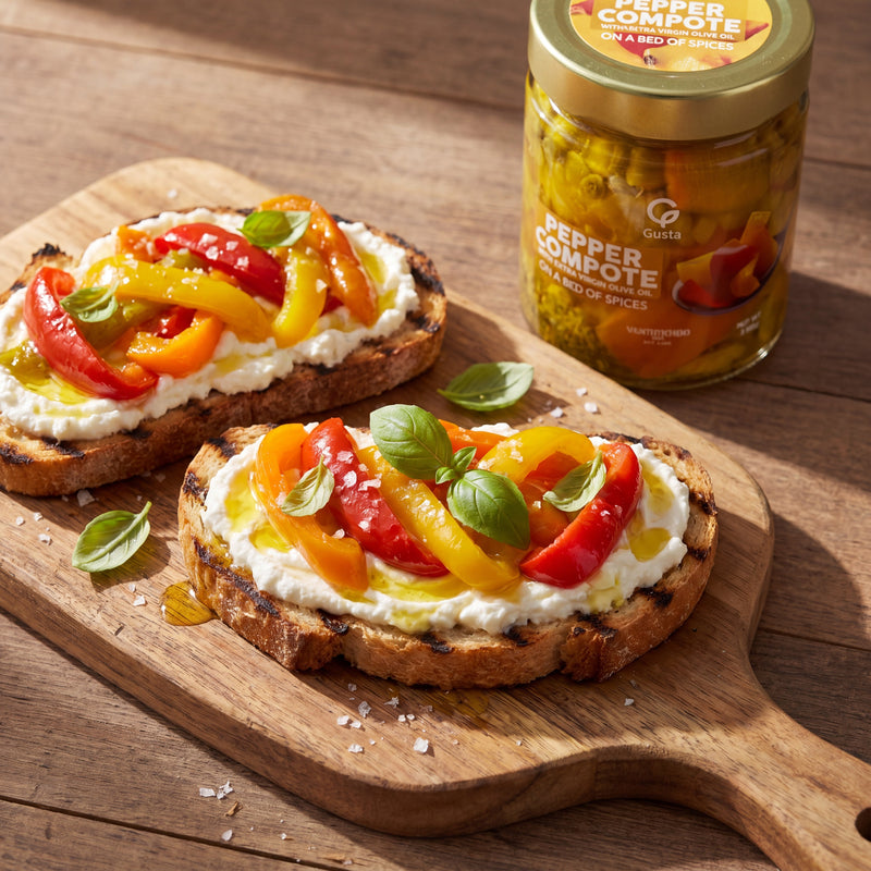 Bruschetta con Composta di Peperoni e Ricotta on a wooden board, with the Gusta Pepper Compote jar alongside