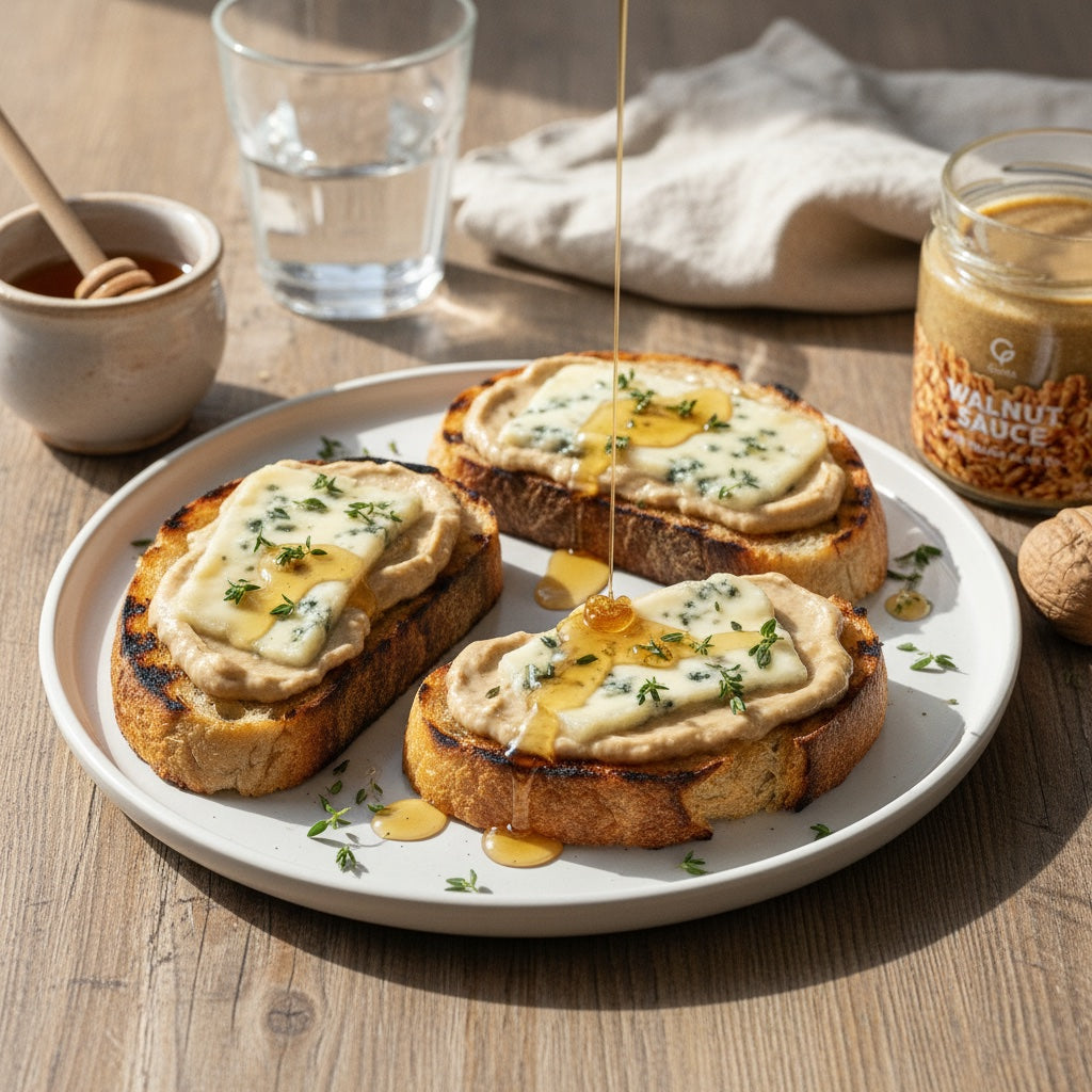 Bruschetta con Salsa di Noci e Gorgonzola plated, with the Gusta Walnut Sauce alongside