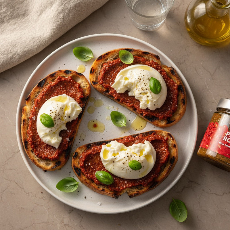 Bruschetta al Pesto Rosso con Burrata plated, with the Gusta Pesto Rosso jar alongside