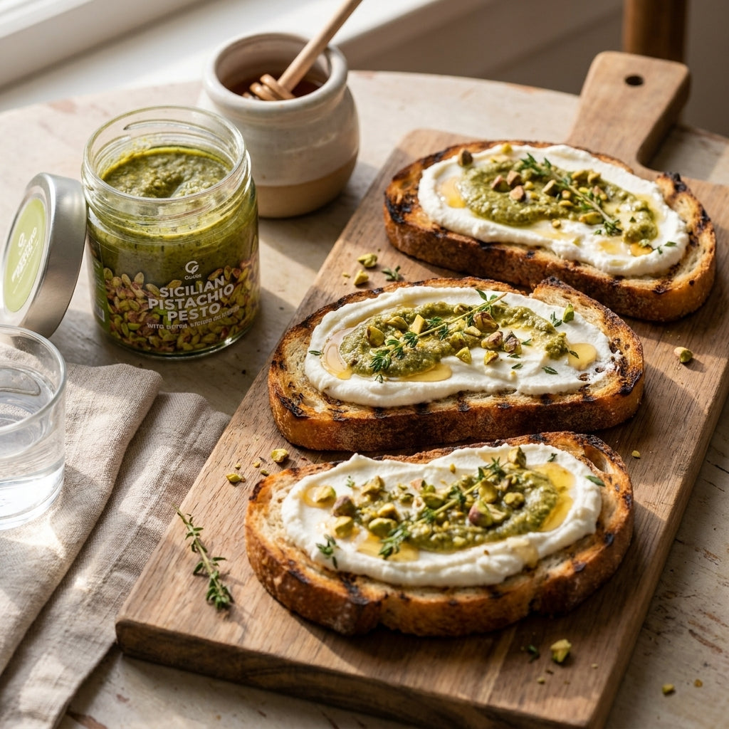 Bruschetta al Pesto di Pistacchio con Ricotta, with the Gusta Pistachio Pesto alongside