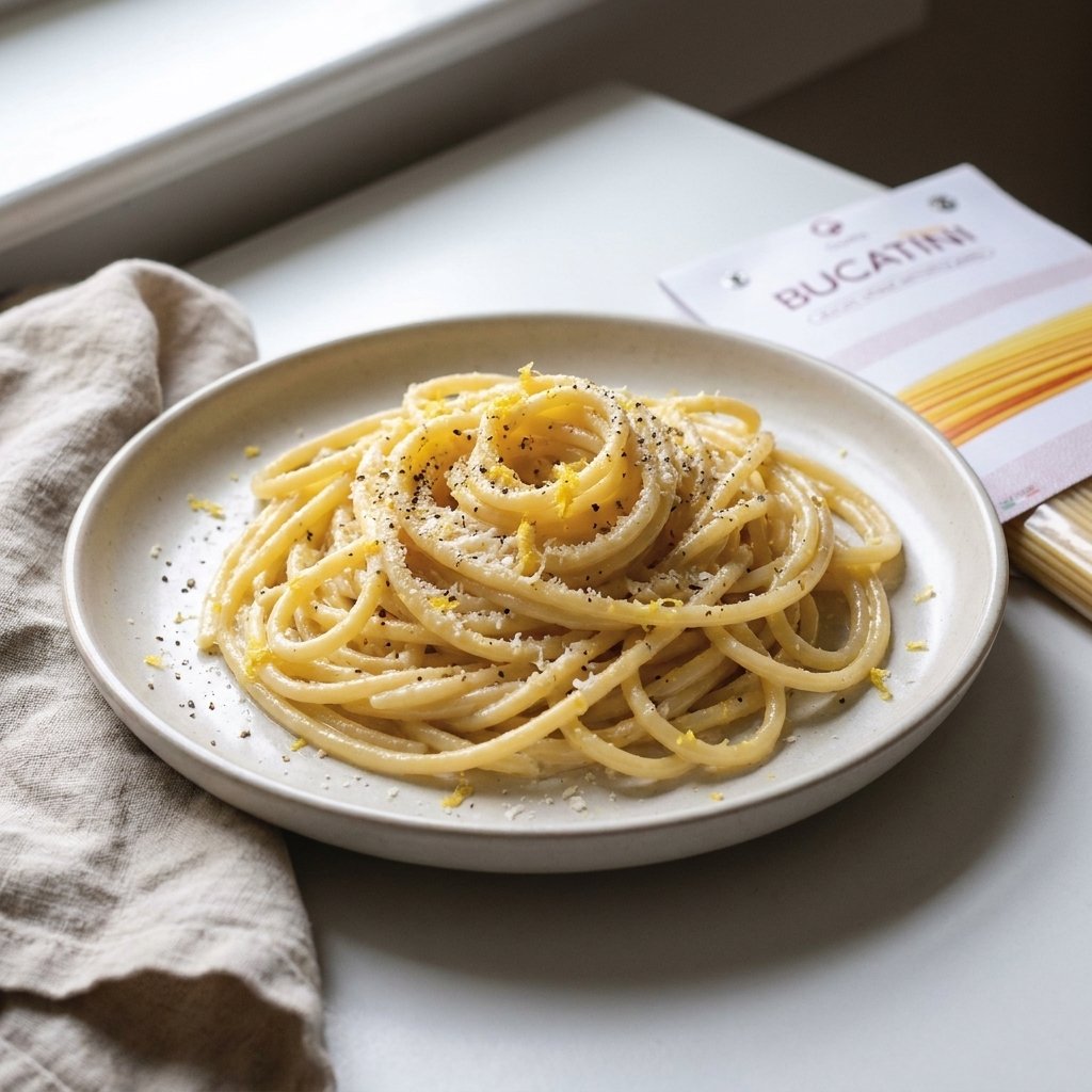 Bucatini al Limone with Gusta bucatini package alongside