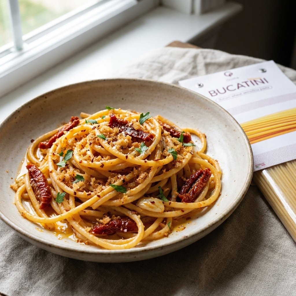 Bucatini with sun dried tomatoes and toasted breadcrumbs, with Gusta bucatini alongside