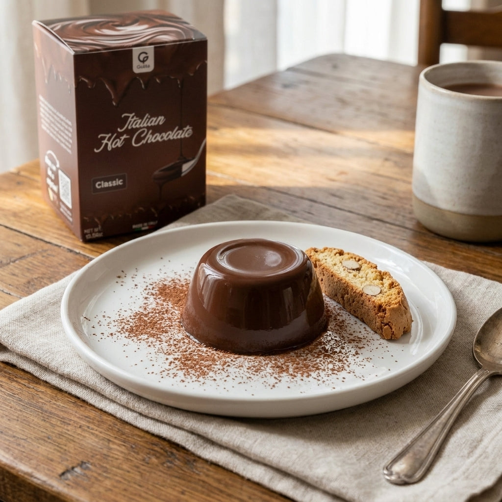 Budino di Cioccolato plated, with the Gusta Classic Hot Chocolate alongside