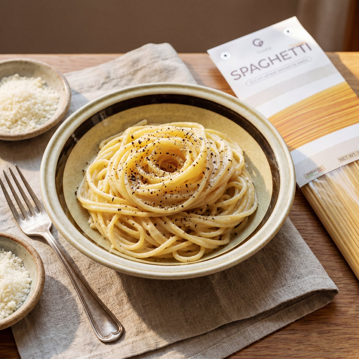 Cacio e Pepe plated, with the Gusta spaghetti alongside