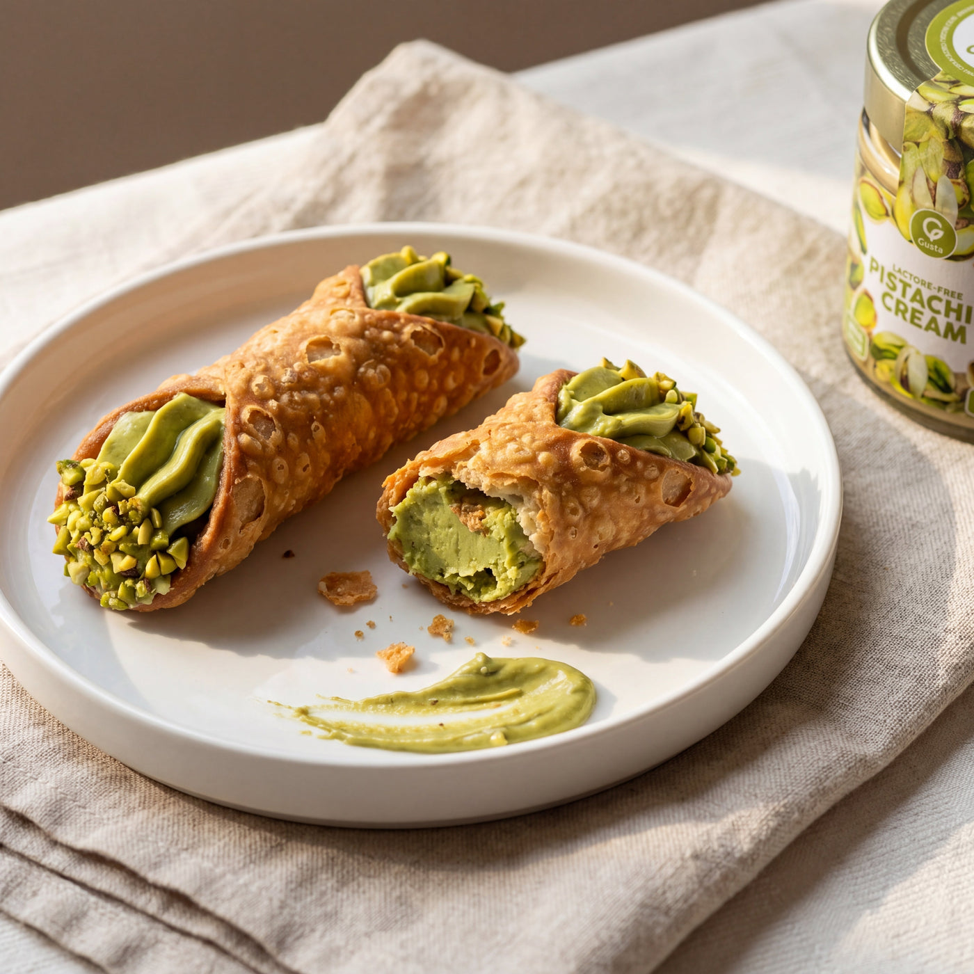 Cannoli al Pistacchio with green pistachio cream filling, with the Gusta Pistachio Cream jar alongside