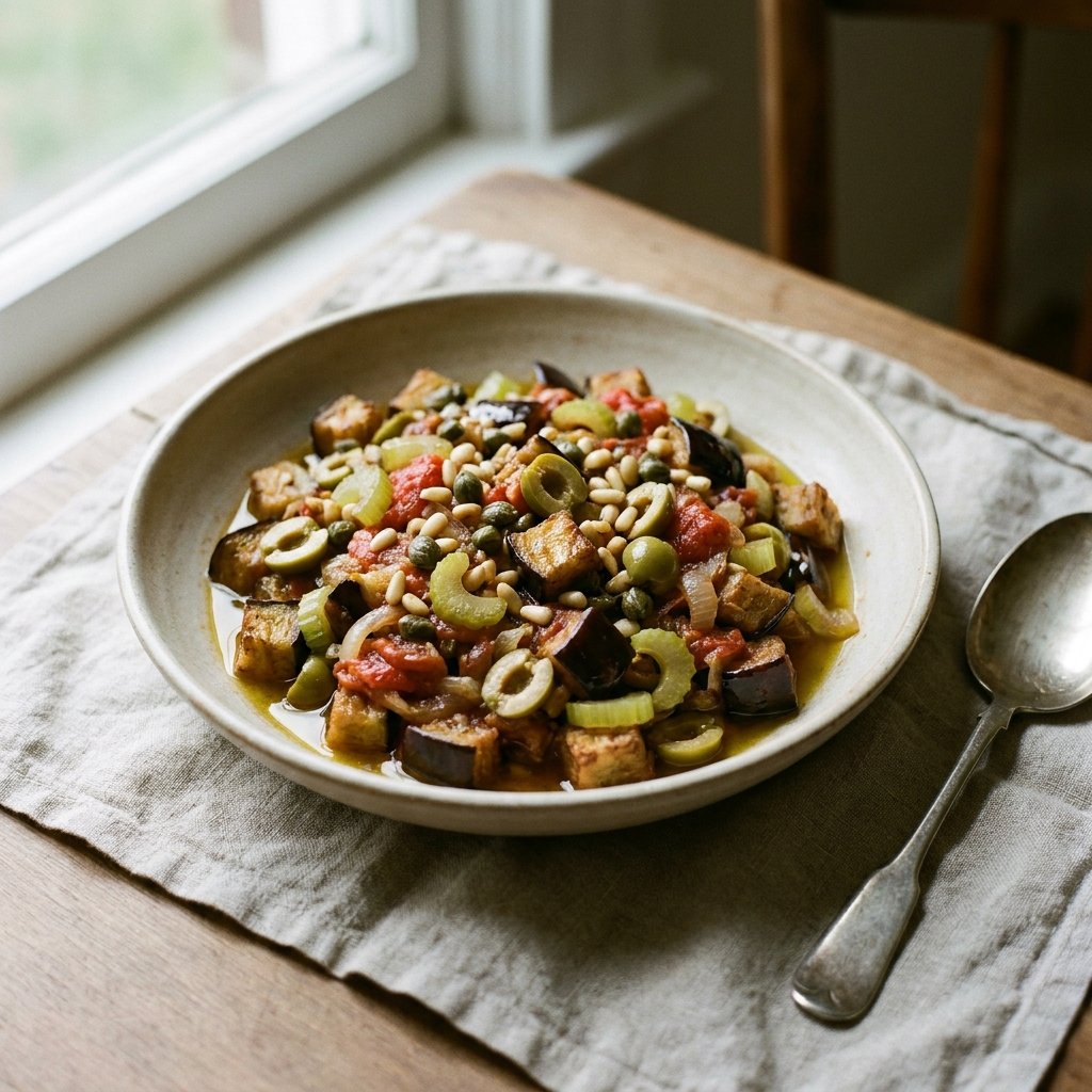 Caponata Siciliana plated for the Gusta Recipe Book