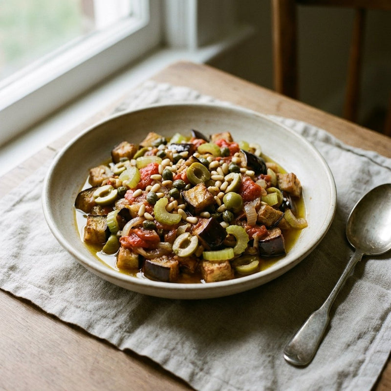 Caponata Siciliana plated for the Gusta Recipe Book
