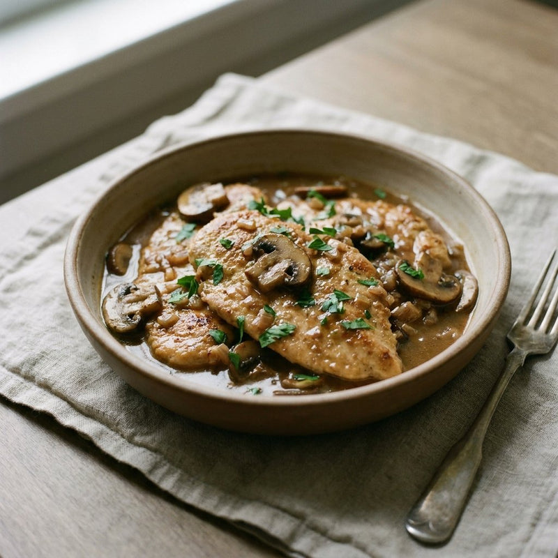 Chicken Marsala plated for the Gusta Recipe Book