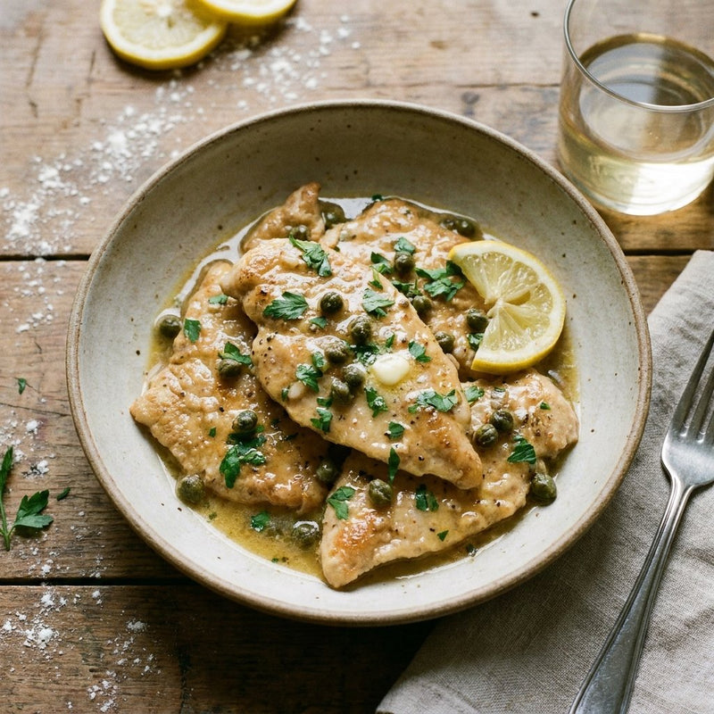 Chicken Piccata plated for the Gusta Recipe Book