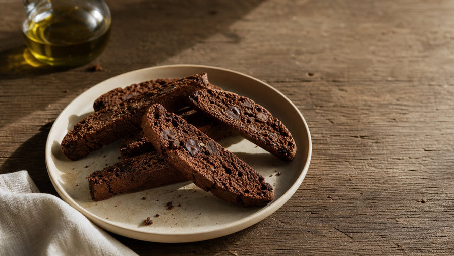 Editorial food photograph of chocolate biscotti, natural light, no text