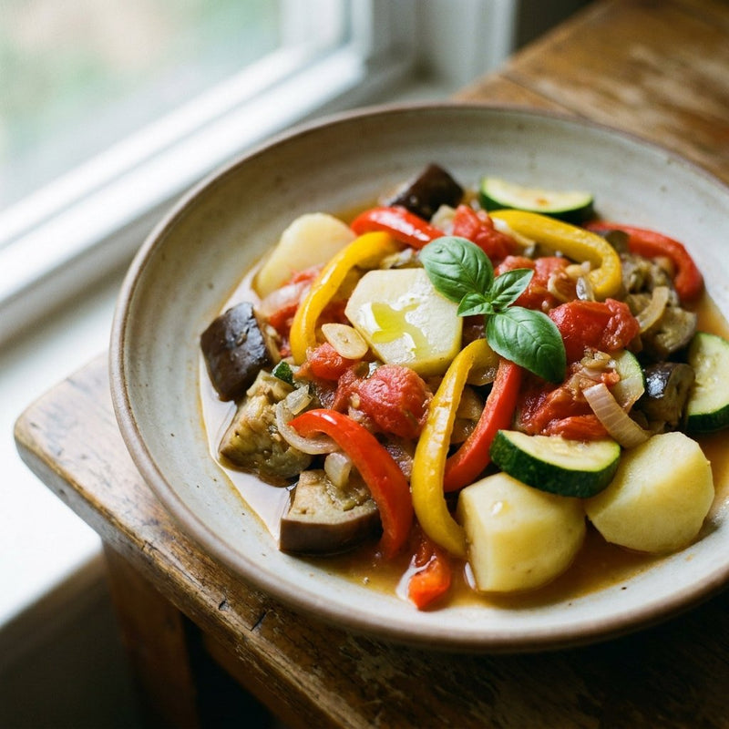Ciambotta Southern Italian vegetable stew with eggplant, zucchini, peppers, and potatoes