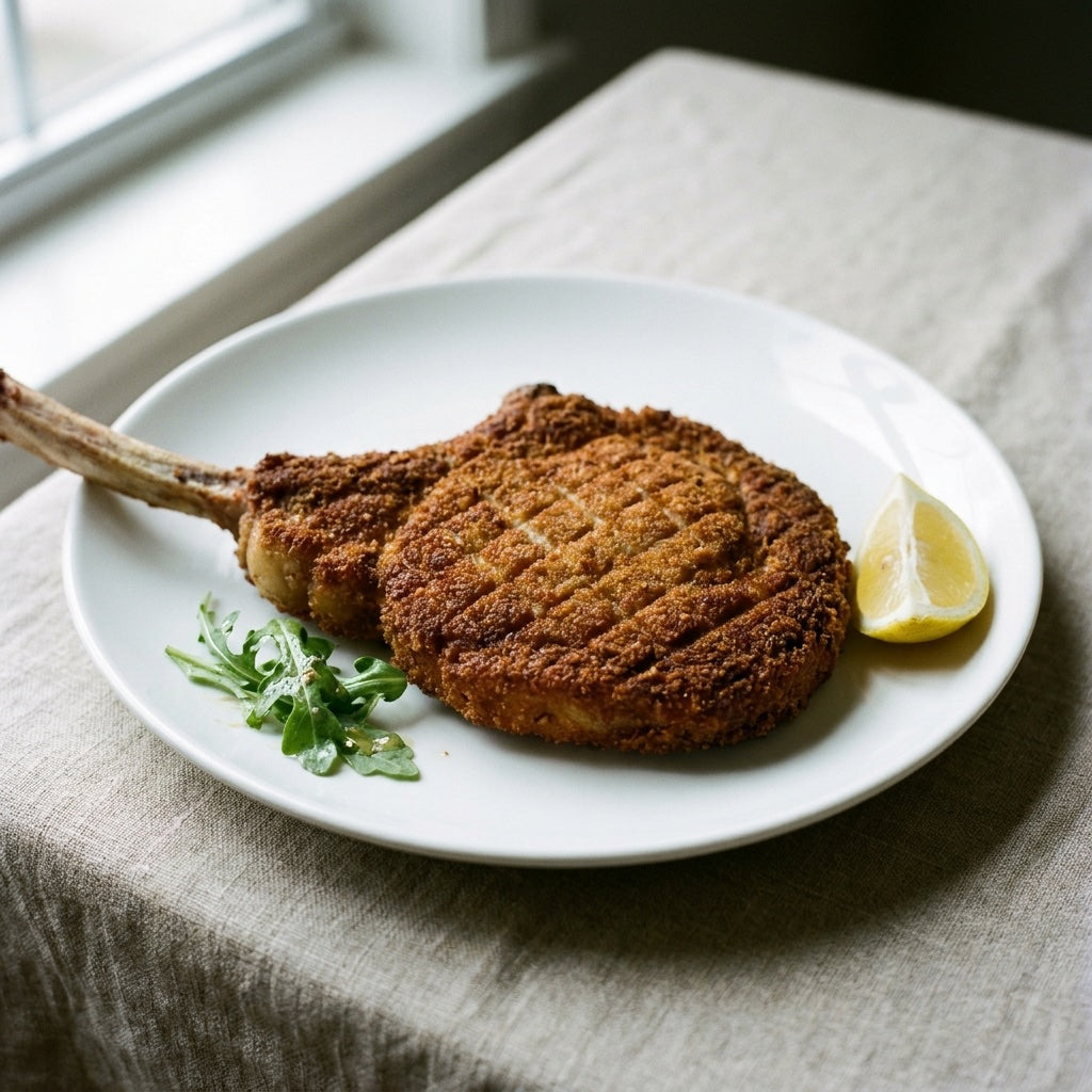 Cotoletta alla Milanese plated with lemon and arugula