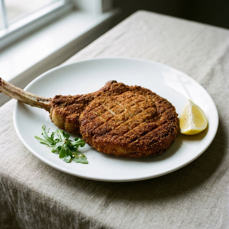 Cotoletta alla Milanese plated with lemon and arugula