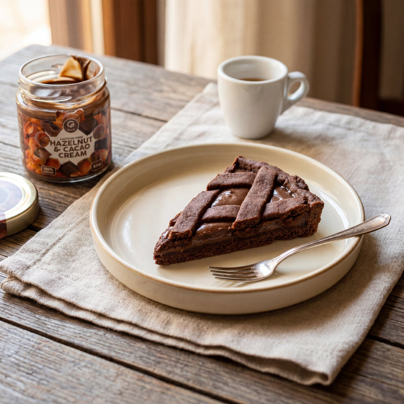 Crostata al Cacao con Crema di Nocciola plated, with the Gusta hazelnut cacao cream jar alongside
