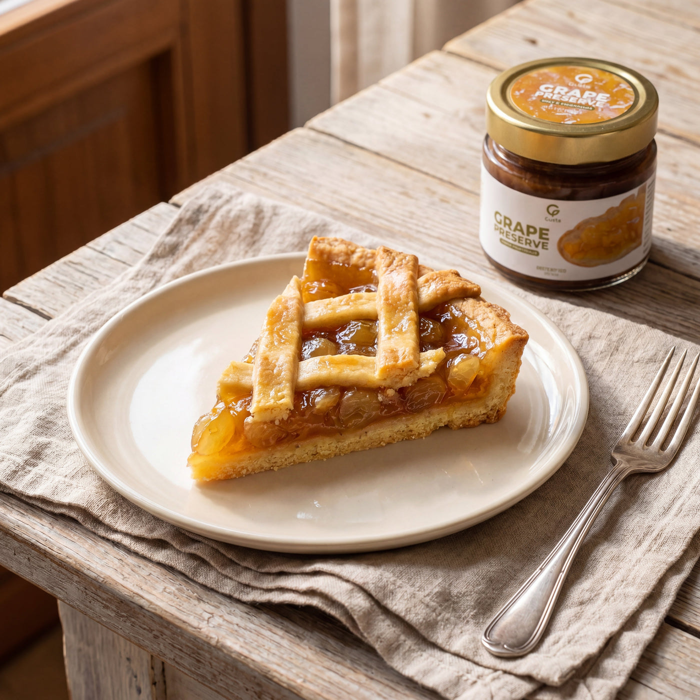 Crostata all Uva slice with amber grape preserve filling, Gusta jar alongside