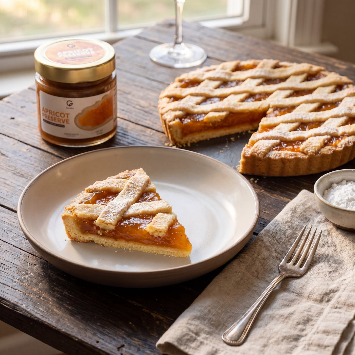 Crostata di Albicocche plated, with the Gusta Apricot Preserve alongside