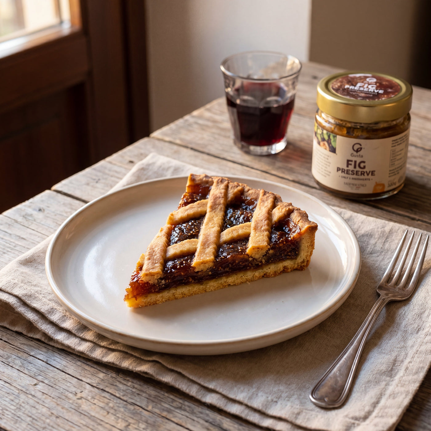 Crostata di Fichi plated, with the Gusta fig preserve alongside