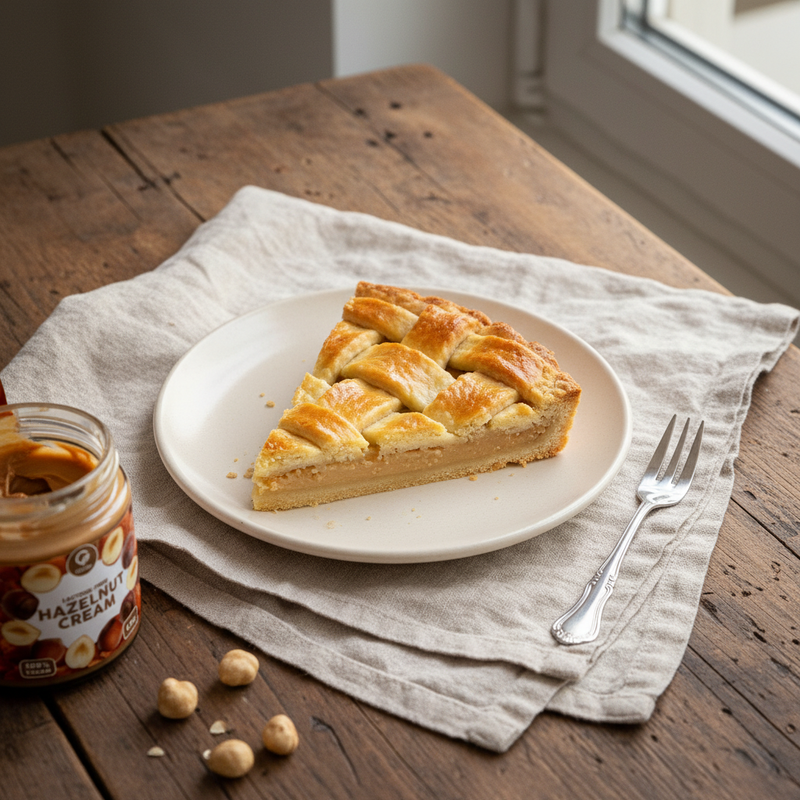 Crostata con Crema di Nocciole plated, with the Gusta hazelnut cream jar alongside