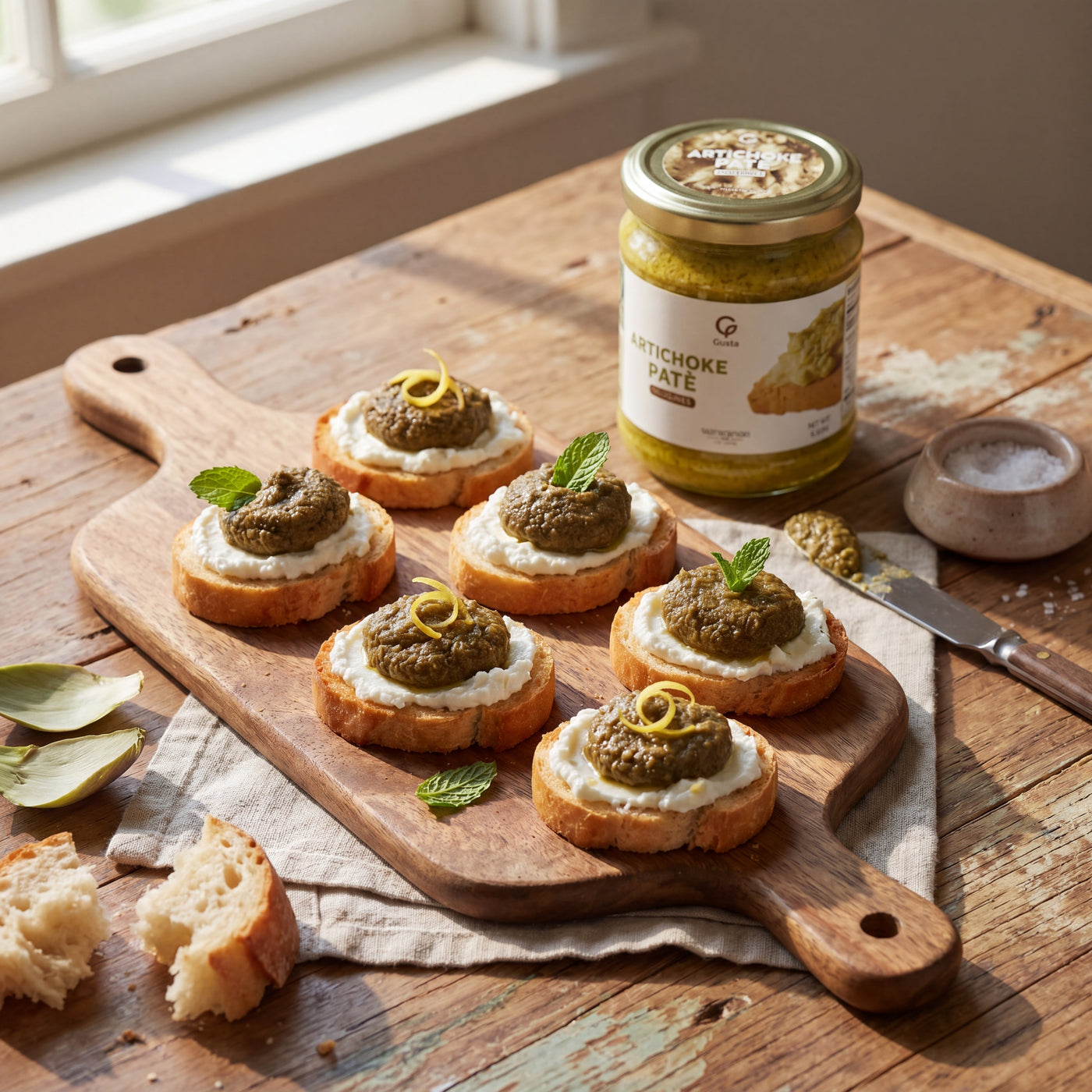Crostini con Ricotta e Patè di Carciofi on a board, with the Gusta artichoke patè alongside