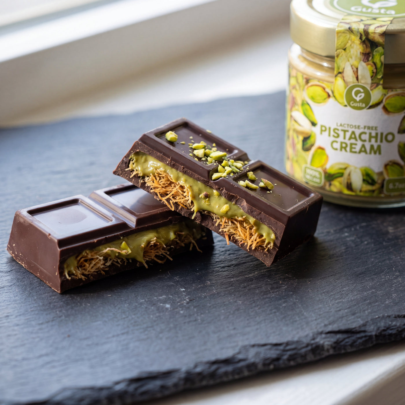 Dubai Chocolate Bar with pistachio cream and kataifi filling, with the Gusta Pistachio Cream jar alongside