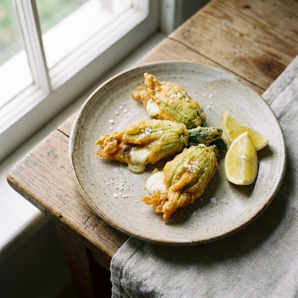Roman stuffed zucchini flowers fried until crisp