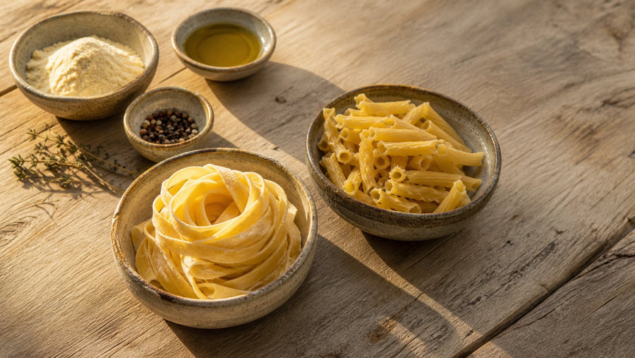Editorial food photograph of fresh pasta vs dry pasta calories, natural light, no text
