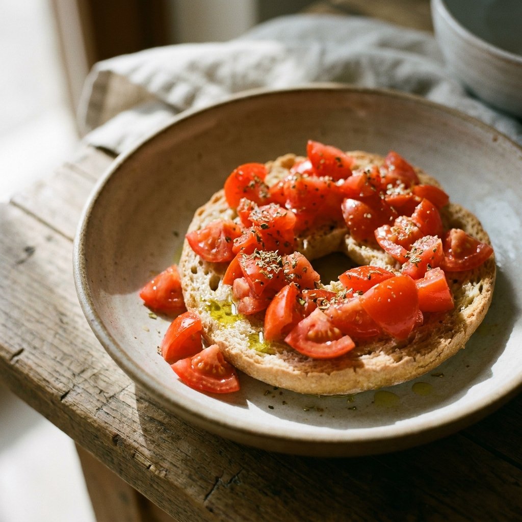 Friselle topped with tomatoes, oregano, basil, and olive oil