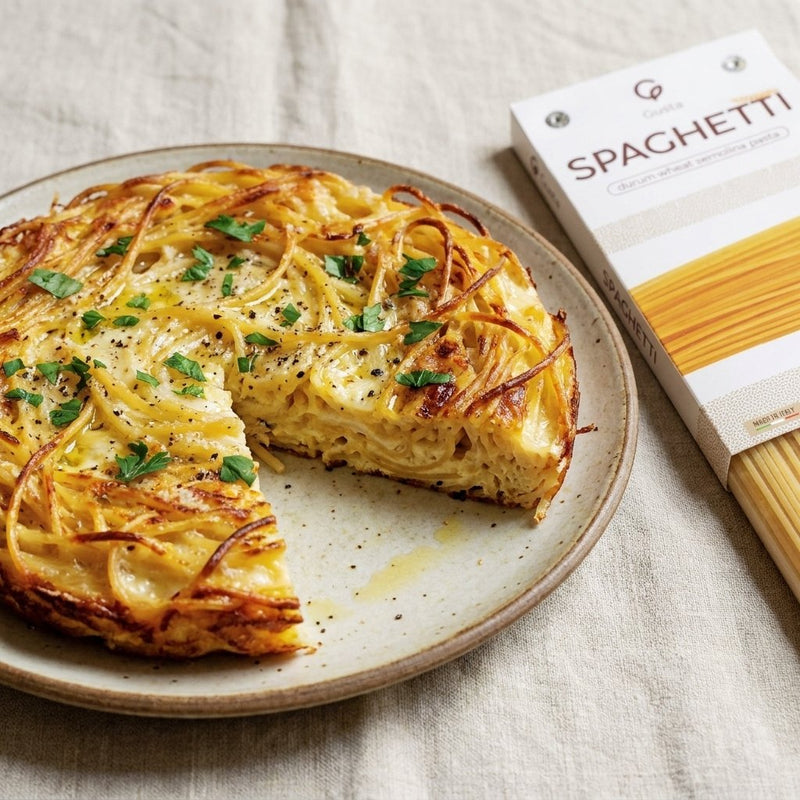 Frittata di Pasta plated with Gusta Spaghetti Pasta alongside