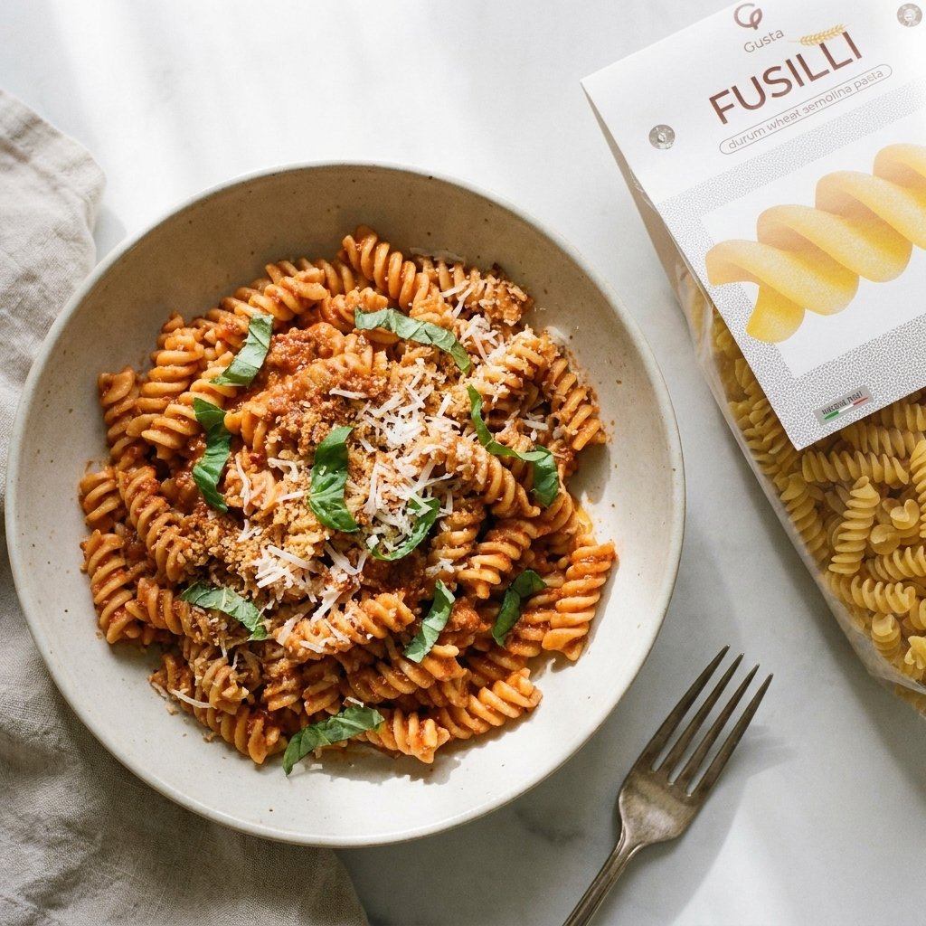 Fusilli al pesto rosso with Gusta fusilli package alongside